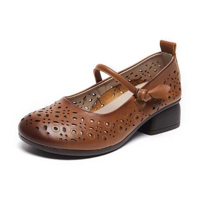 Туфли женские из натуральной кожи на высоком каблуке, летние винтажные женские туфли-лодочки, удобные женские туфли с круглым носком, повседневные туфли на среднем каблуке для женщин