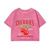 Women Cotton Crop Washed T-Shirts Hand Picked Cherries Prints Short Sleeve Distressed Tops Female Street Clothes