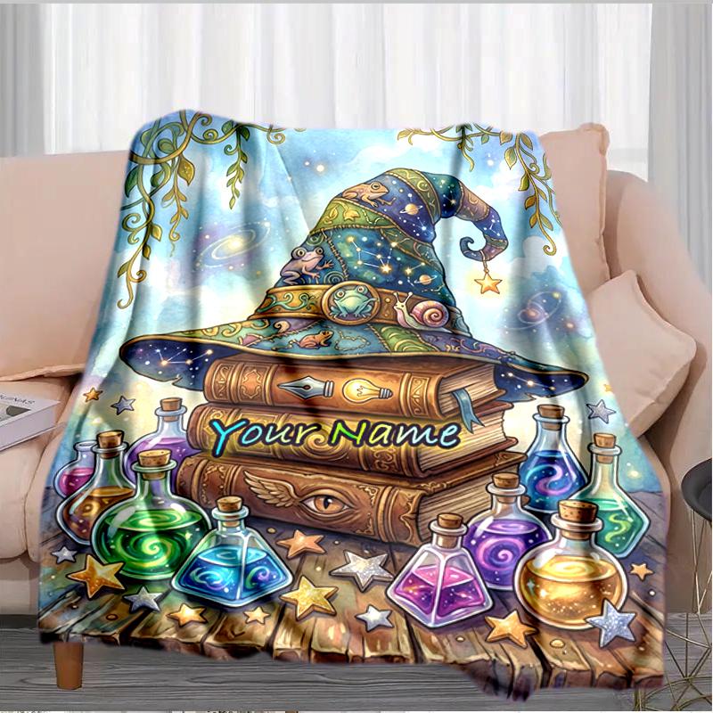 1PC Custom Name Magic Hat Potions flannel blanket versatile,all-season throw suitable for the living room,bedroom,camping,travel,and gift