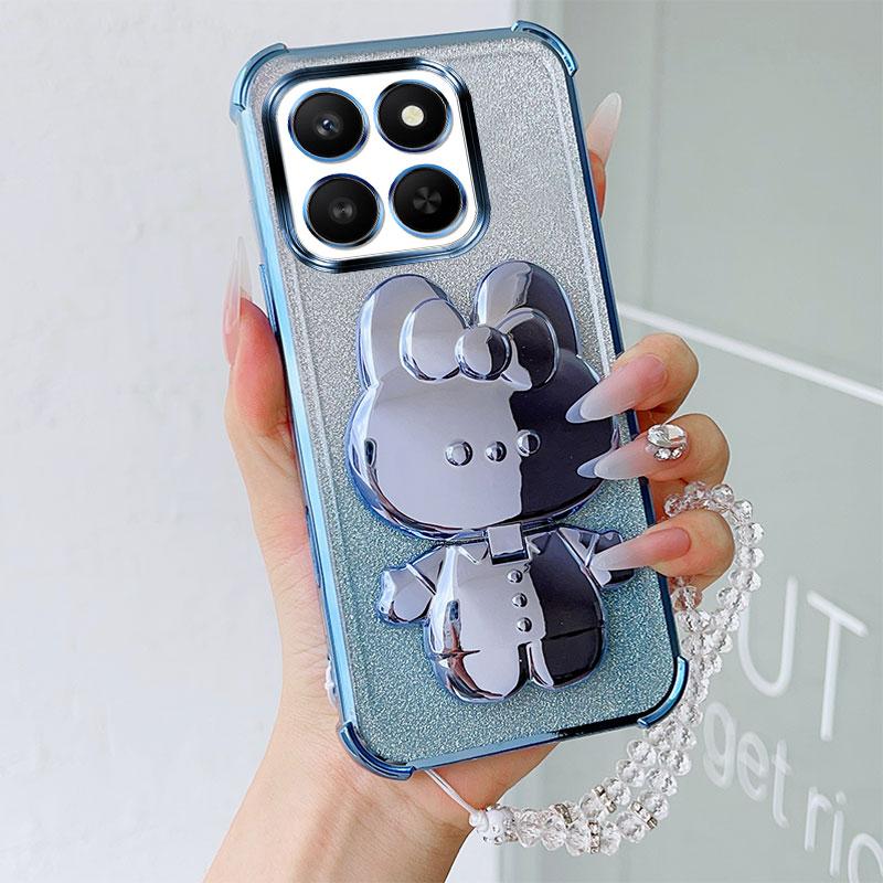 Luxury Shockproof Phone Case with Cute Rabbit Makeup Swivel Stand Crystal Lanyard For Honor 400 Smart 5G X7d Play 10T Back Cover