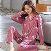 Большой размер женский пижамный комплект хлопковые брюки с длинными рукавами студенческая домашняя одежда из двух частей кардиган с отворотами женский пижамный комплект