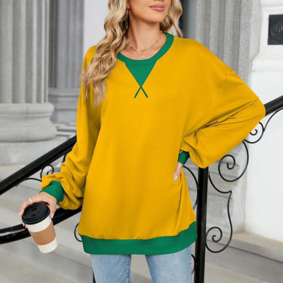 Осенне-зимние пуловеры и длинные рукава женские контрастные цвета с круглым вырезом свободная толстовка больших размеров