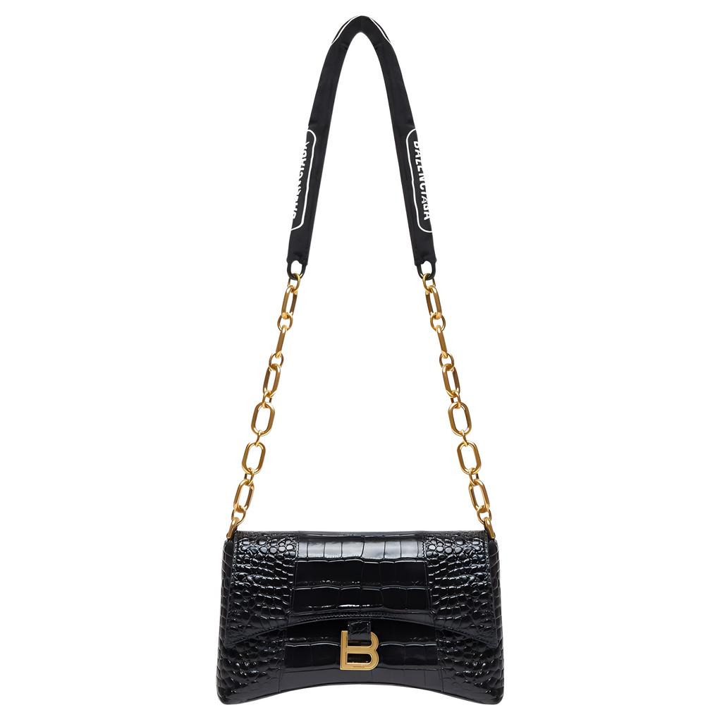 Balenciaga Downtown Flap Distressed Gold Hardware Double Soft Crocodile Leather Hourglass Crossbody Bag Women bags Black 6891212106F1090