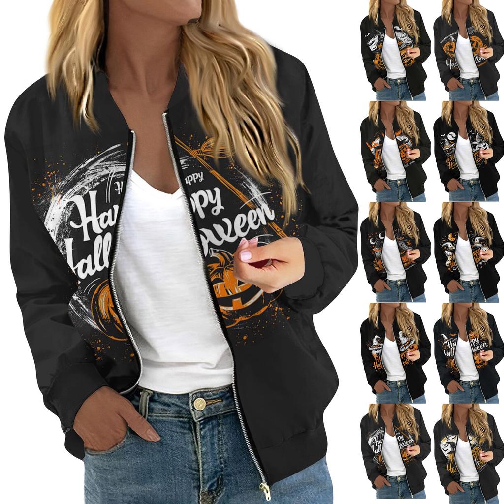 Женская модная повседневная куртка на молнии с длинным рукавом с принтом и круглым вырезом