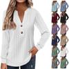 Women's Fashion Long Sleeve Solid Colour V-Neck Button T-Shirt Printed Casual Top