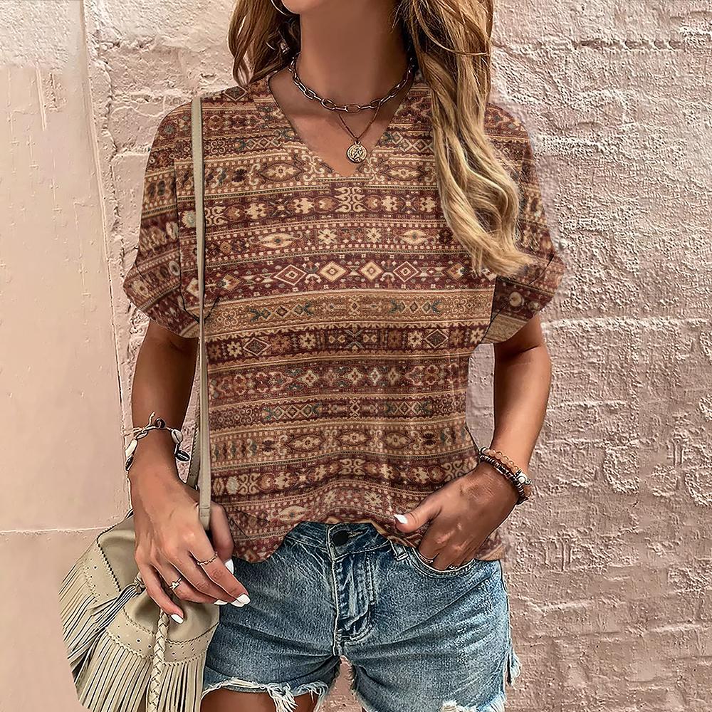 Женская футболка в стиле Харадзюку в стиле бохо, летние повседневные топы с графическим принтом и короткими рукавами, уличная модная футболка с v-образным вырезом, женская одежда