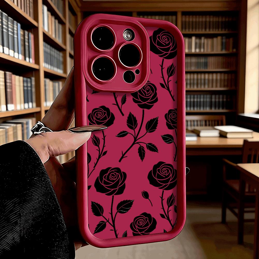 Black Rose Pattern Soft TPU Phone Case for iPhone 17 16 15 14 13 12 11 Pro Max Plus Shockproof Anti-Slip Cover