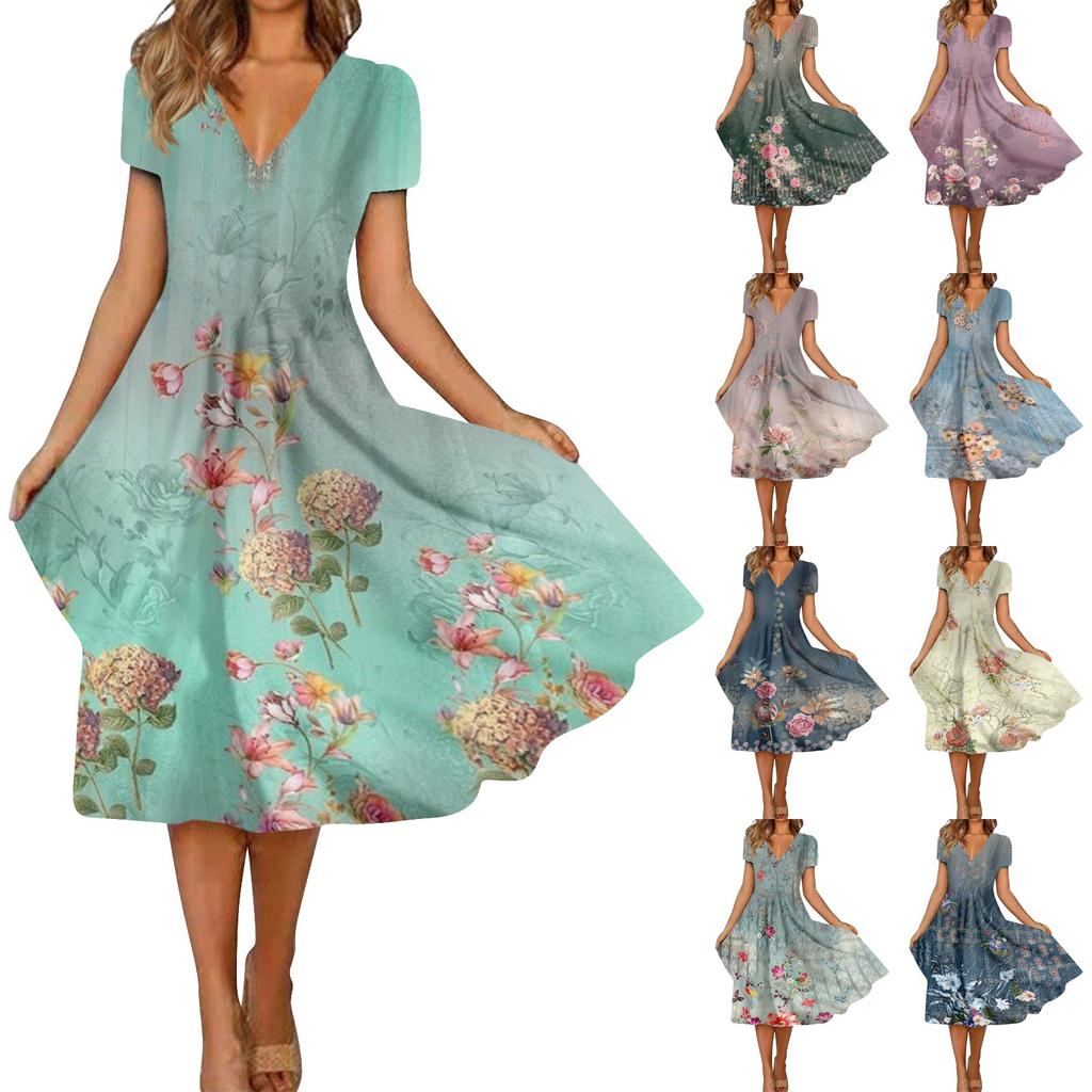 Женское модное и универсальное летнее темпераментное платье с v-образным вырезом и короткими рукавами с принтом