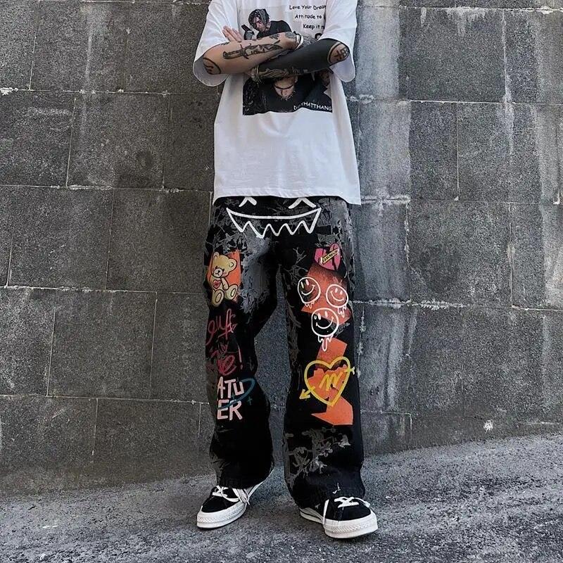 Hip Hop Vintage Graffiti Oversized Pants Spring Autumn High Waist Men Women Streetwear Fashion Loose Casual Wide Leg Trousers