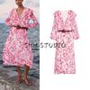 Spring and Summer New Women's Clothing Laminated Decoration Long Sleeves with Belt Printed V-neck Midi Skirt Dress 5029088