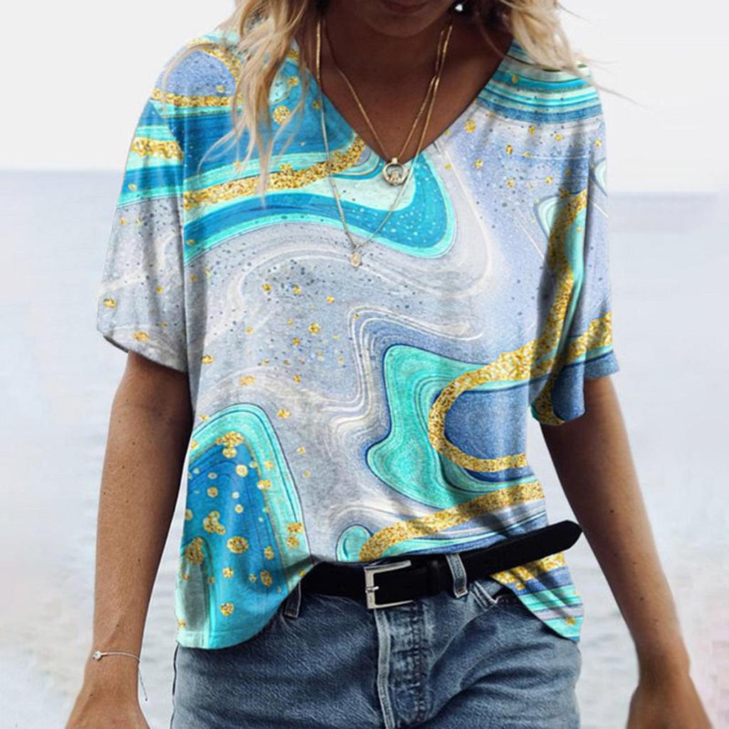 Marble Digital Printed Tie Dyed T-shirts Summer Women V Neck Short Sleeve Loose 3D T Shirt