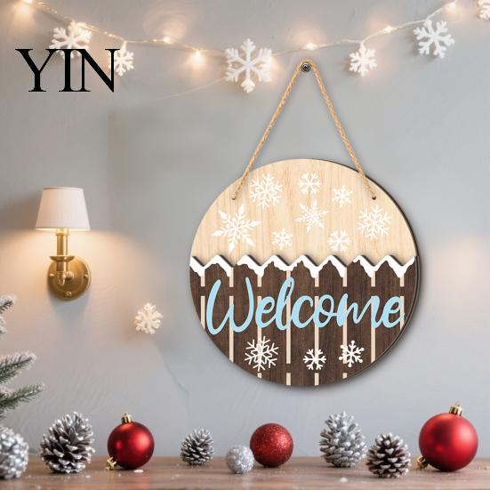 Rustic Christmas Door Sign Round 2D Wooden Welcome Sign, Farmhouse Hanger with Rope, Deer Seasonal Wall Art for Home Tree Bird Plaque Front