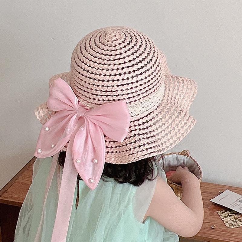 Детские соломенные шляпы для девочек, солнцезащитные шляпы, атласные украшения с бантом и лентой