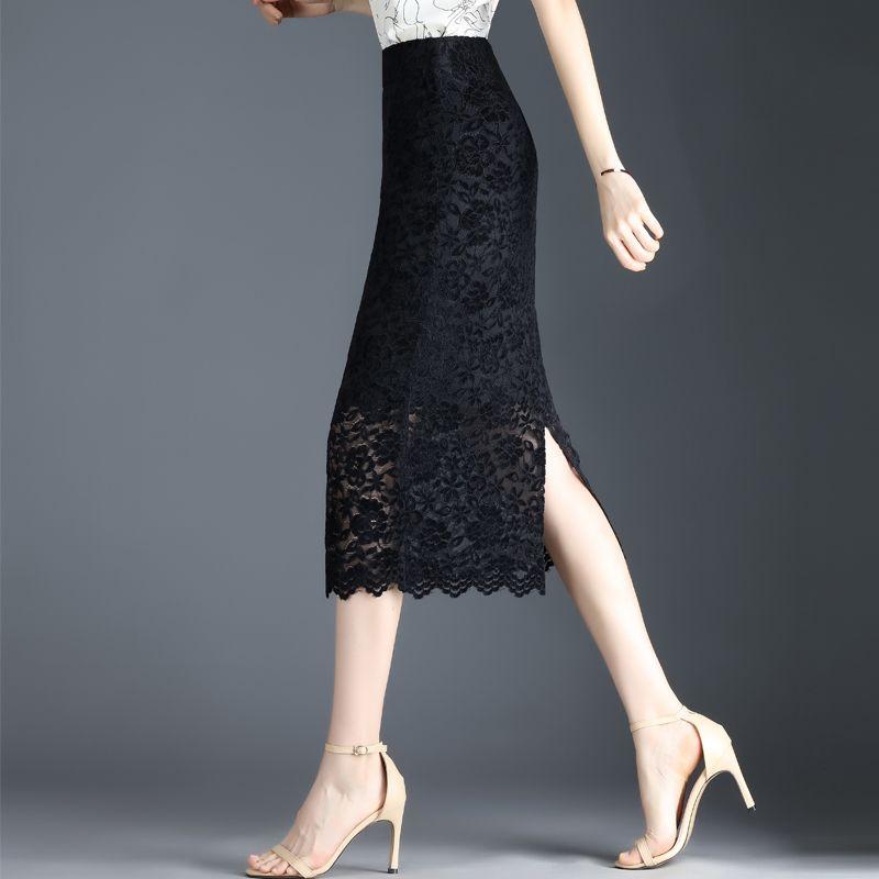 Юбка миди с ажурным кружевом для женщин, летняя, новая, прямая, с высокой талией, с разрезом на талии, средней длины