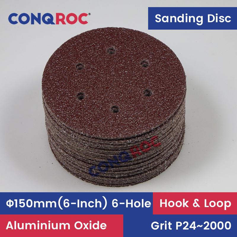150mm(6-Inch) 6-Hole Sanding Discs Aluminum Oxide Hook and Loop Sanding Papers 50-Piece Grit P24~2000