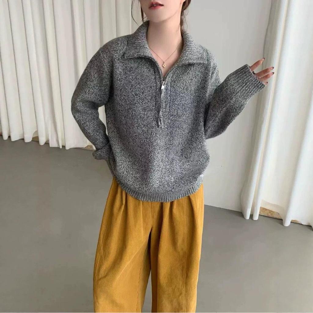 Autumn Winter Korean Style Loose Polo Collar Half-Zip Knit Pullover for Women