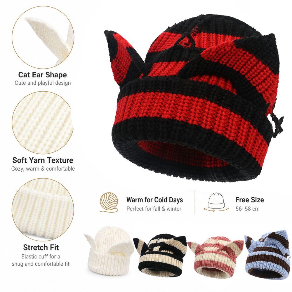 Stretchable Knit Cat Ear Beanie Yarn Striped Beanie Gifts Knitted Beanie Hat Women and Men