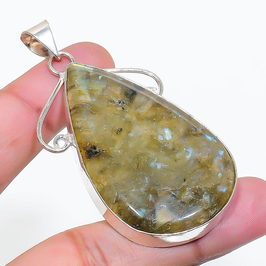 Натуральный камень Лабрадорит Ручная работа Подвеска из стерлингового серебра 925 пробы 2,56" AP-14931