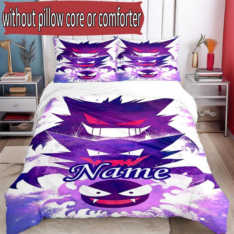 3pcs Duvet Cover Set (1*Duvet Cover + 2*Pillowcase, Without Core), Custom Name Gengar Pattern Bedding Set, Home Bedroom Decor Gift