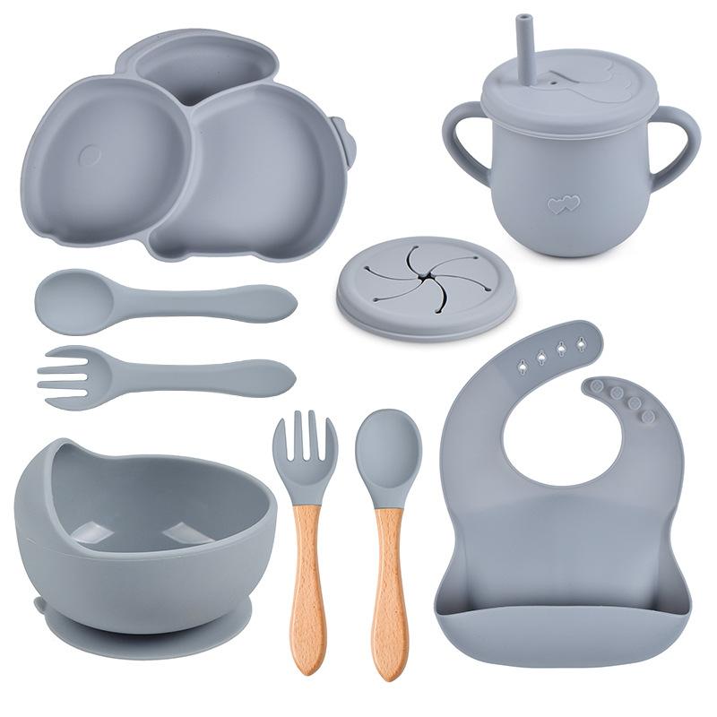 9PCS Rabbit Baby Silicone Tableware Kids Non-slip Sucker Bowl Plate Cup Spoon Fork Sets BPA Free Children's Feeding Dishes Utensils