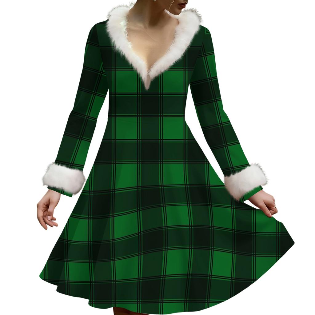 Женское повседневное платье с V-образным вырезом, рождественским принтом, плюшевыми длинными рукавами