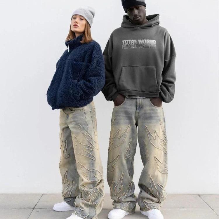 RogueWave Y2k Хип-хоп Мешковатые Джинсы Потертые Ретро Черные Брюки Вышивка Харадзюку Готика Брюки с Широкими Штанинами Уличная Одежда Брюки