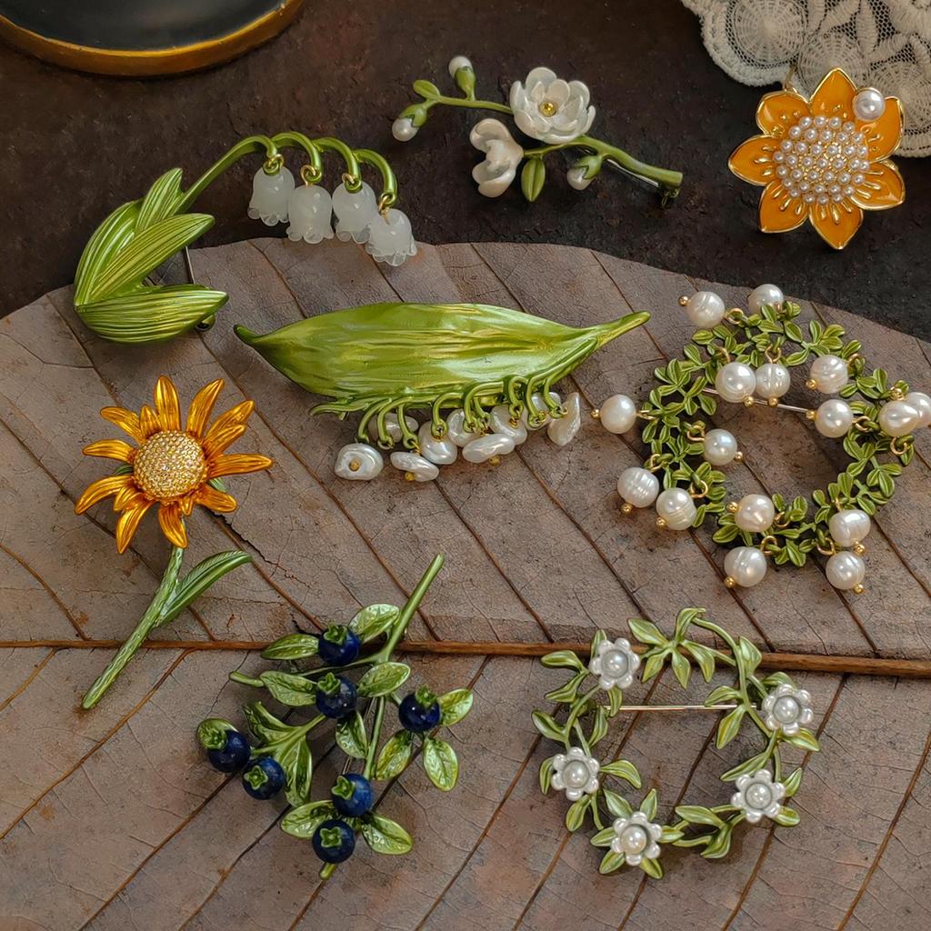 Vintage Lily of the Valley Pendant Brooch with Handmade Enamel Leaves Corsage Pin.