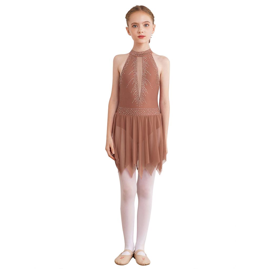 Платье для фигурного катания для девочек с блестящими стразами, с открытой спиной, асимметричной юбкой из сетки, леотард