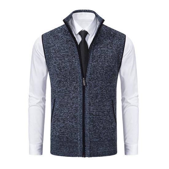 Мужской осенне-зимний жилет, пальто с воротником-стойкой, вязаный кардиган на молнии, защита шеи, без рукавов, приталенный крой, теплая повседневная мягкая мужская куртка средней длины