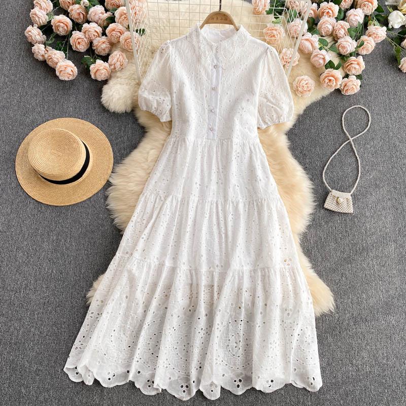 New Elegant Hollow Out Embroidered Polo Bubble Sleeves Loose Bohemian Vacation Dress Womecasual Dresses for Women