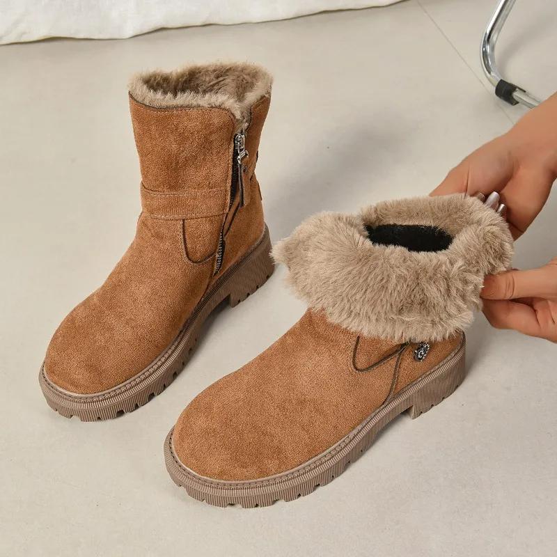 Fashion 2025 Brand Ladies Shoes Mid-Calf Women's Boots Fashion Belt Buckle Daily Winter Plus Velvet Keep Warm Comfortable Snow Boots