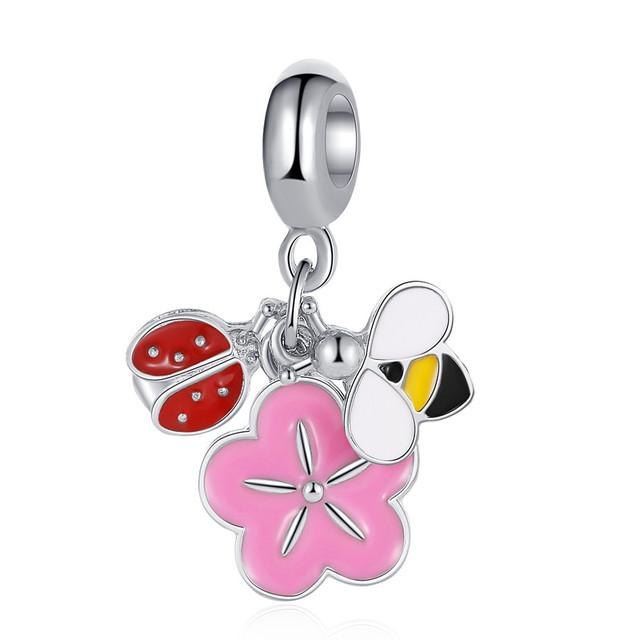 Новый модный шарм, оригинальная розовая коллекция, птица, пять лепестков, цветок, бабочка, бусины для оригинального модного женского браслета, ювелирные изделия