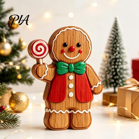 Seasonal Decorative Figures Christmas Gingerbread Man Ornament, Hand Painted Vintage Wooden Tabletop Atmosphere Decorations Figurine, Rustic