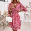 Women's Fashion Summer Spring Flower Pattern Print Short Sleeve V-Neck High Waist Casual Dresses