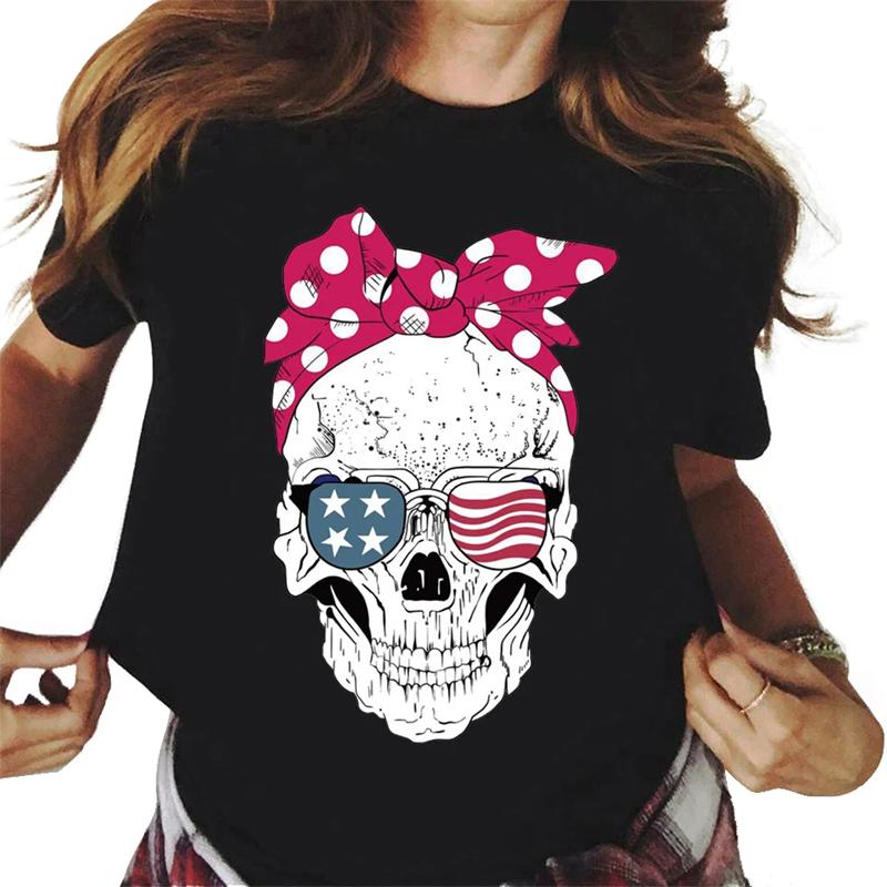 Harajuku Women's T-shirt Fashion Horror Skull Print Personality T-shirt Daily Casual Short Sleeved Unisex Top