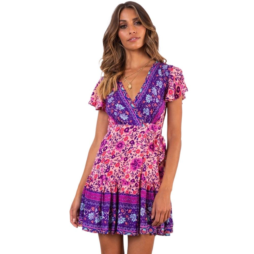 GMXIA Женская мода лето весна цветочный принт с коротким рукавом V-образным вырезом повседневные платья