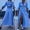Women's Denim Long Dress V-Neck Short Sleeve Button Down Maxi Dress Casual