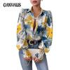 Spring and Autumn Women's Plus Size Shirt Lapel Bubble Long Sleeve Loose Printed Blouse