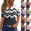 Женская модная повседневная футболка с v-образным вырезом и коротким рукавом в полоску с принтом и пуговицами, топ на пуговицах