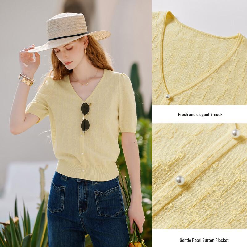 Women's V-neck Jacquard Knit Short Sleeve Top