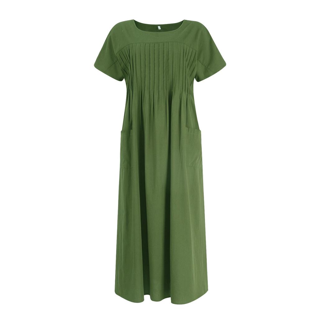 Women's Fashion Solid Color Round Neck Pocket Pleated Short Sleeve Cotton And Linen Dress