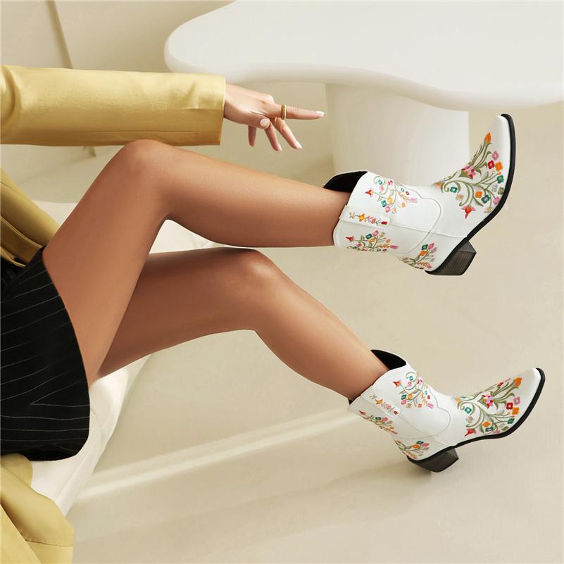 Женские ковбойские полусапоги до щиколотки с квадратным носком на толстом среднем каблуке и вышивкой в ​​стиле вестерн, ковбойские сапоги, женская обувь, зимняя обувь 46