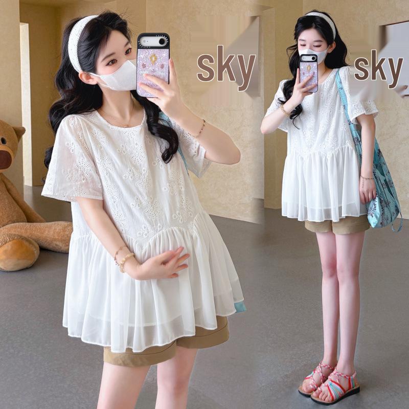 Maternity Summer 2026 Korean Style Embroidered Chiffon Doll Shirt and Belly Support Shorts Set