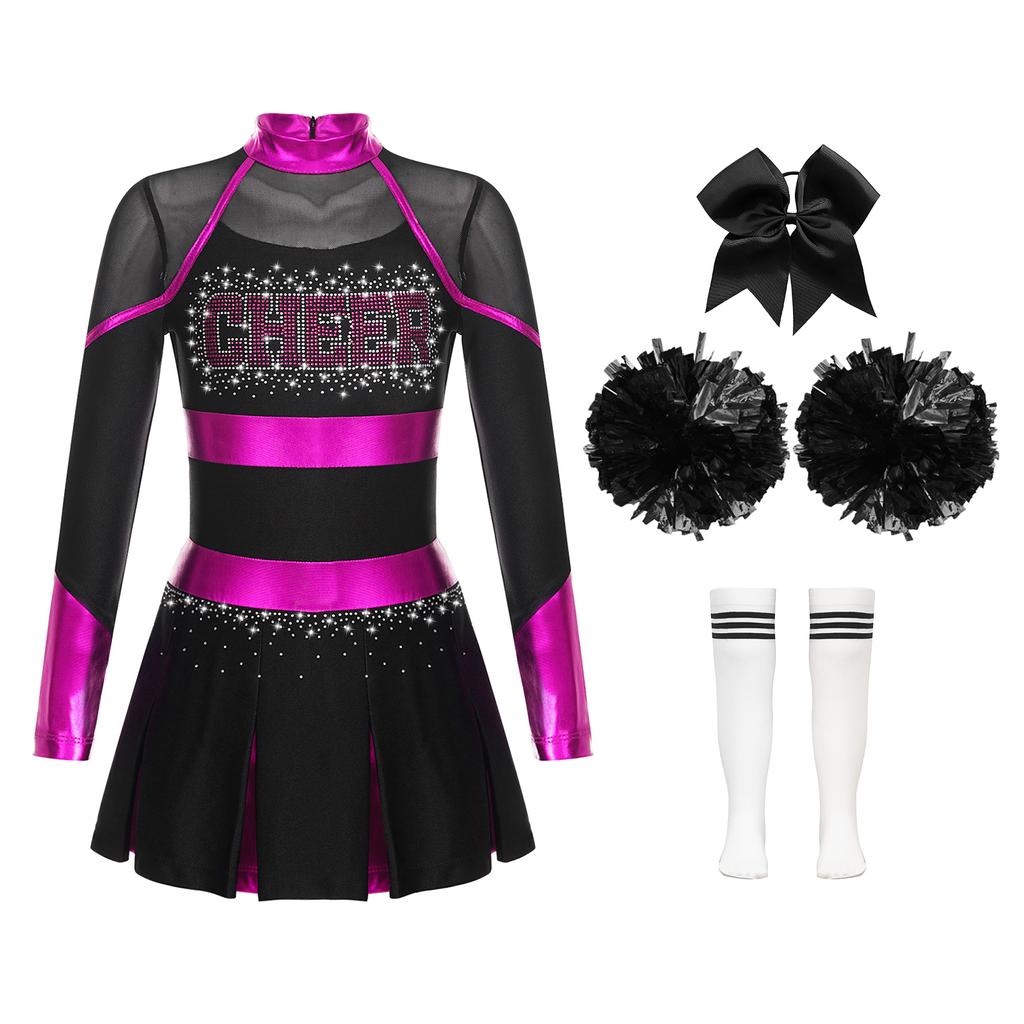 Girls Cheerleading Dance Outfit Halloween Fancy Dress Up Long Sleeve Dress Cheer Leader Uniform Masquerade Cosplay Outfits