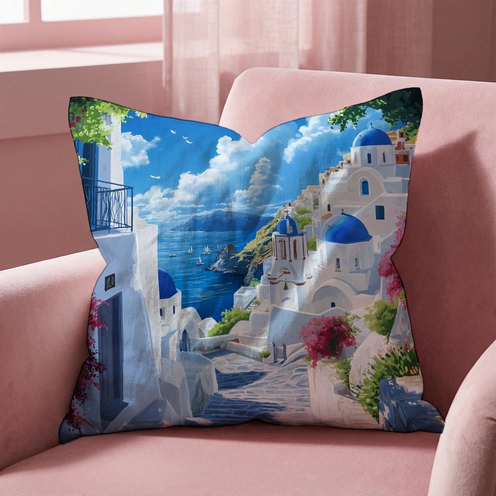 Чехол на подушку с пейзажем Санторини, многоцелевой чехол для дома и автомобиля - Двусторонний, мягкий и прочный для ежедневного использования