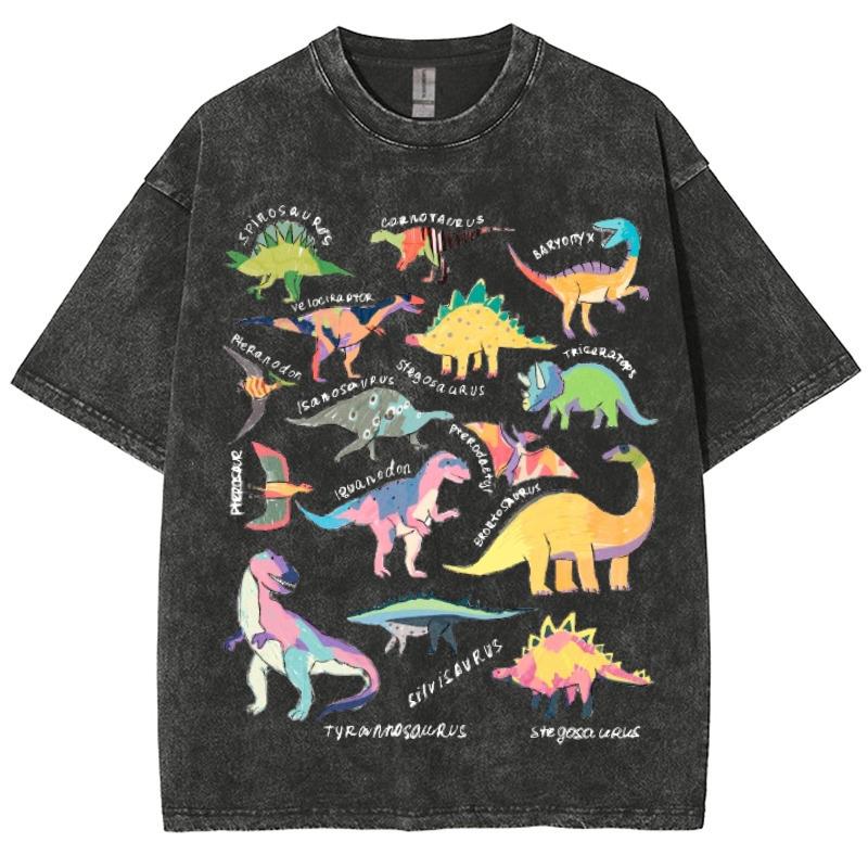 Color Cartoon Dinosaur Print Ladies T-Shirt Oversized Loose Wash Solid Color Short Sleeve American Retro Top