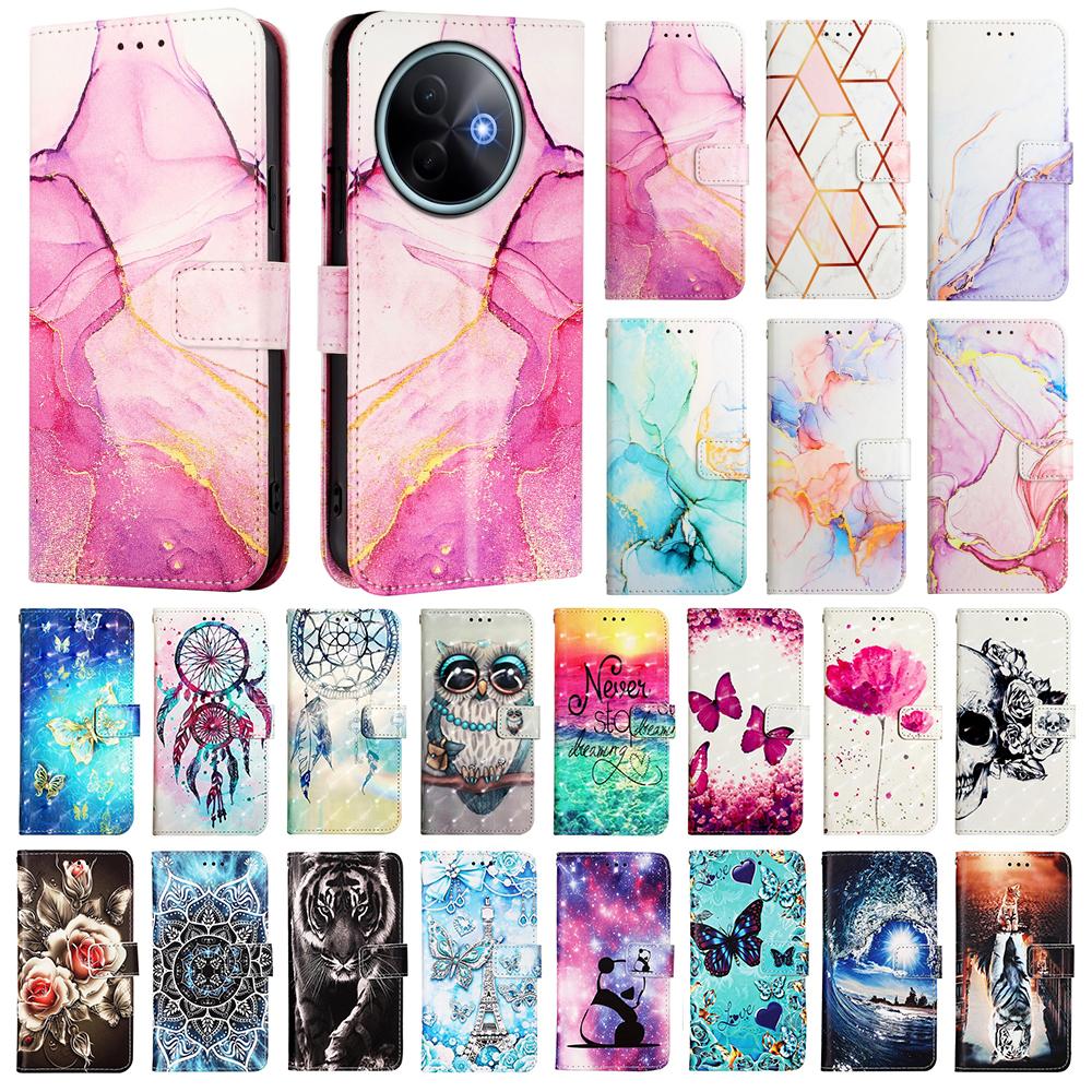 Милый Кожаный Флип-кейс с Рисунком для vivo V50 Lite Y04 Y19S Y29 Y29S Y39 Y76 Y300 iQOO Z9 Z9X Кошелек Чехол-подставка Держатель для карт
