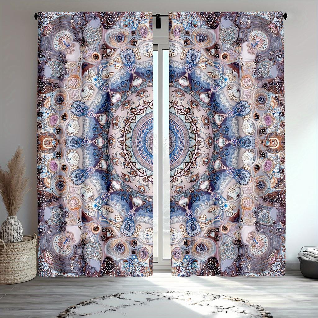 2pcs Bohemian Mandala Curtains - Purple Abstract Floral Design, Semi-Sheer Polyester Drapes for Bedroom & Living Room Decor, Mac