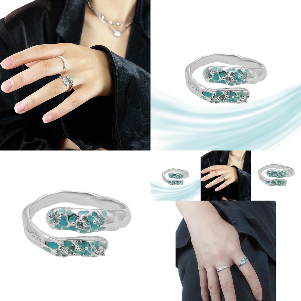 Elegant Adjustable Geometric Copper Ring With Teal Blue Resin And Zircon Embellishments
