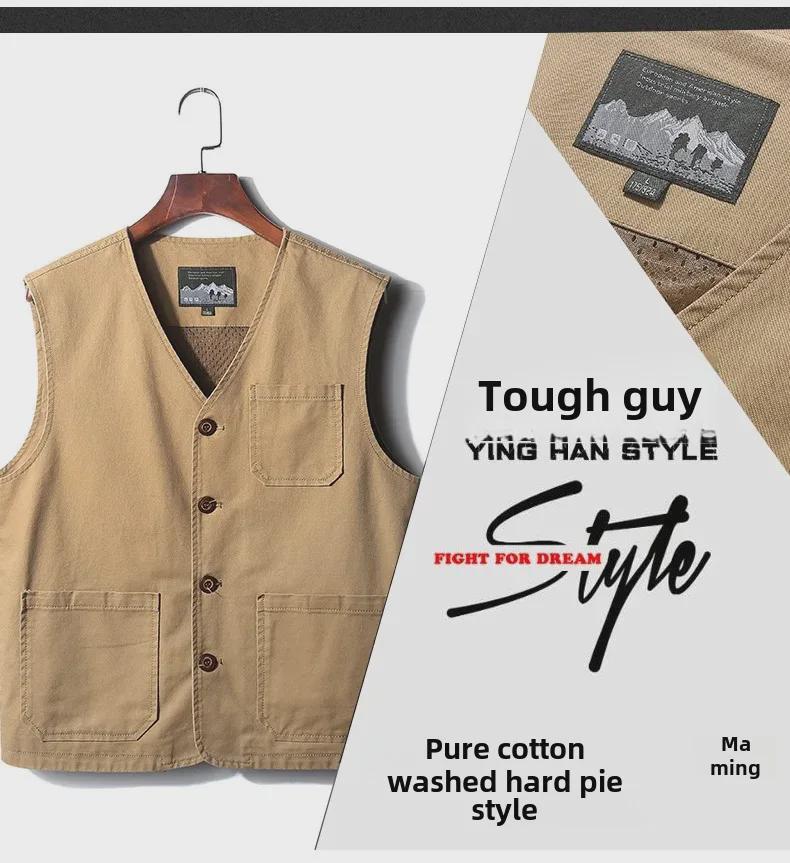 Extra Large Collarless Cotton Vest with Multiple Pockets for Spring/Autumn Outdoor Workwear